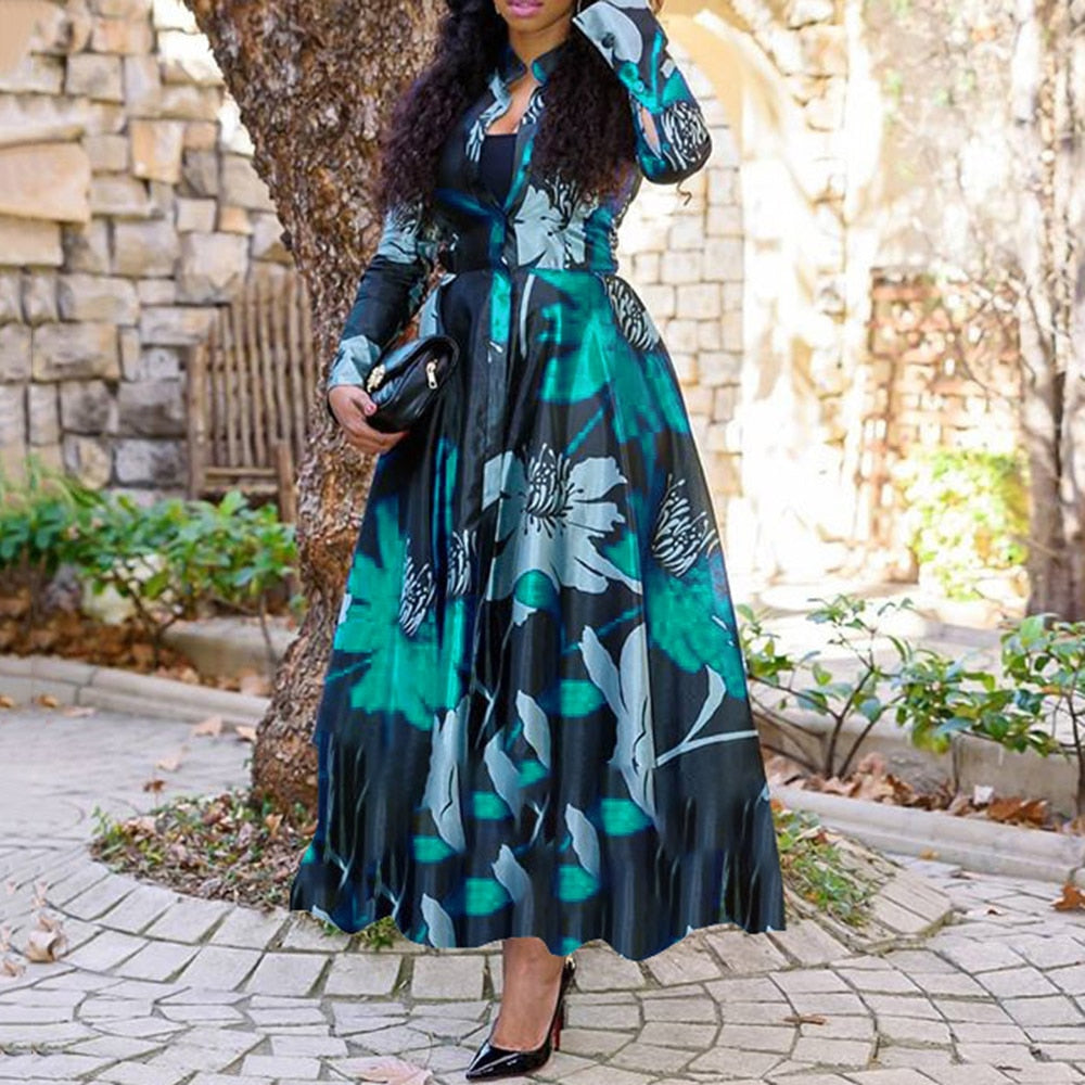 Women Vintage Floral Printed Long Sleeve Fall Dress Retro Plus Size Office Maxi Vestidos Elegant Ladies Party Long Shirt Dress