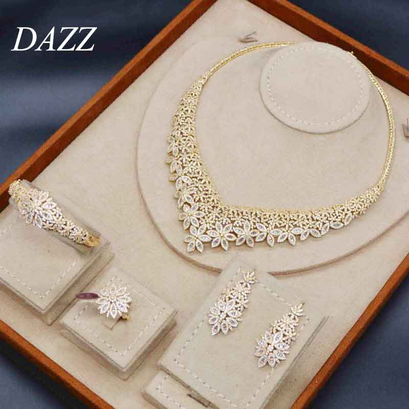 Dazz Luxury Flower Necklace Earrings Ring Bangle 4pcs Nigerian Wedding Jewelry Sets African Bride Women Engagement Ornament 2019