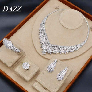 Dazz Luxury Flower Necklace Earrings Ring Bangle 4pcs Nigerian Wedding Jewelry Sets African Bride Women Engagement Ornament 2019