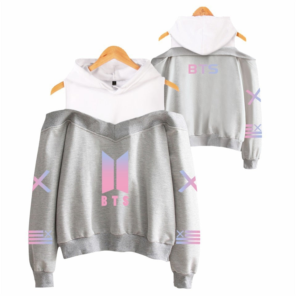 Hot Selling New Style Fashion Color BTS Bulletproof Boys Women's off-Shoulder Hoodie