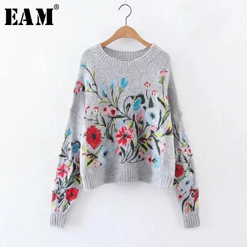 [EAM] 2020 Autumn Winter Round Neck Long Sleeve Flower Embroidered Knitting Warm Loose Sweater Pollovers Women Fashion V74702