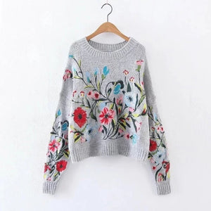 [EAM] 2020 Autumn Winter Round Neck Long Sleeve Flower Embroidered Knitting Warm Loose Sweater Pollovers Women Fashion V74702