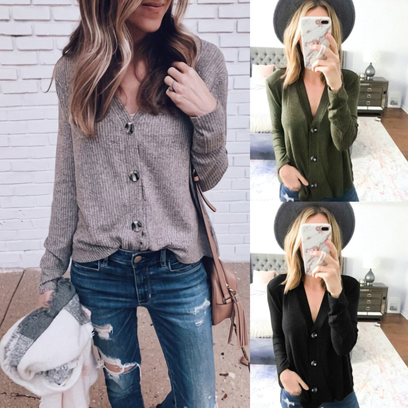 Casual Fashion Knitted Cardigans Sweater Women Solid Basic Autumn Winter Long Sleeve Buttons V Neck Sweater Regular Tops