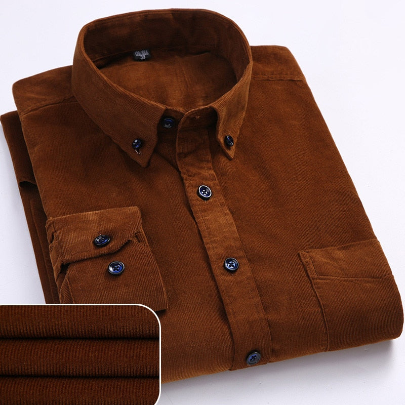 Plus Size 6xl Autumn/winter Warm Quality 100%cotton Corduroy long sleeved button collar smart casual shirts for men comfortable